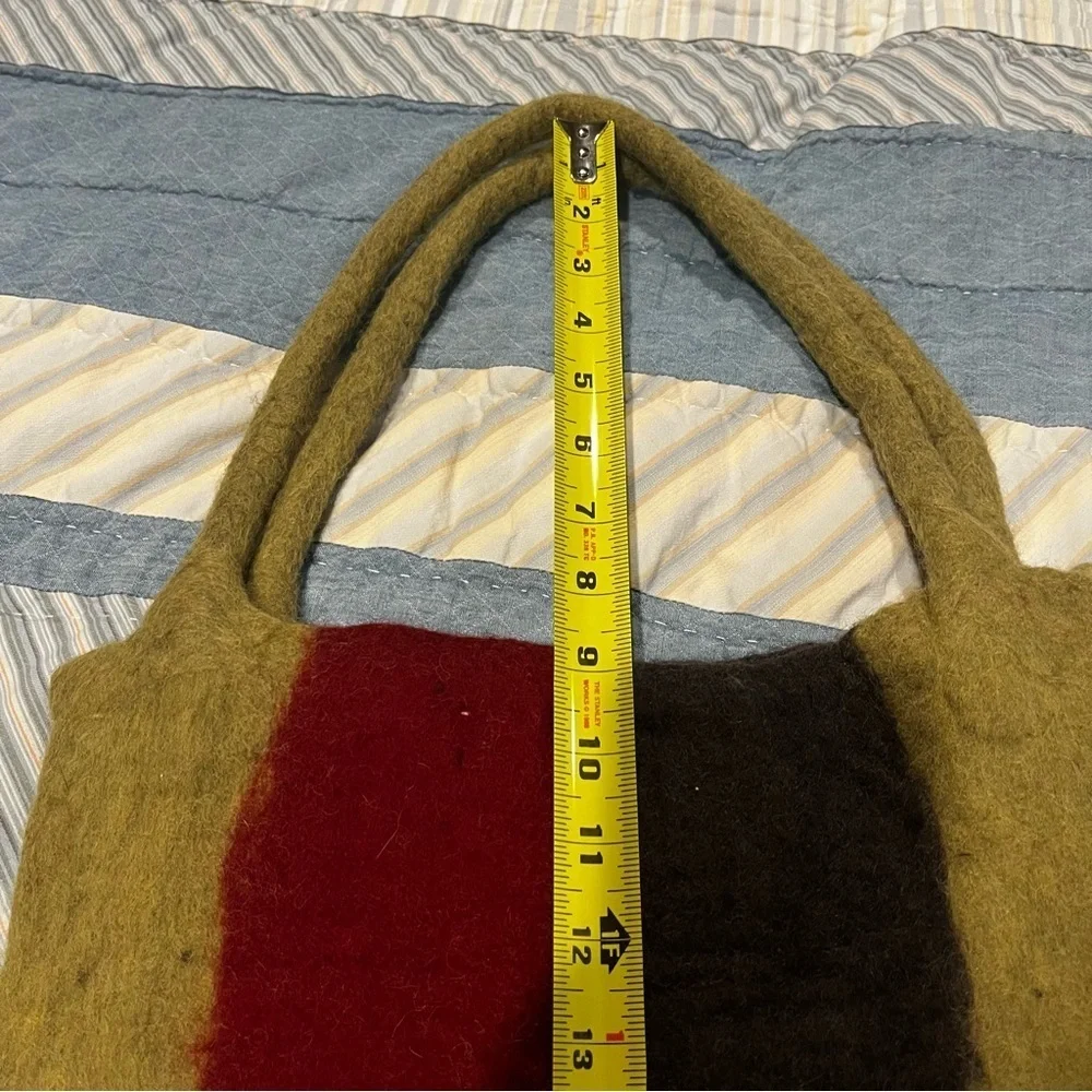 Nepal Woolen Felt Tote Handbag Green Grey Striped Lined Fall Winter Rising Tide